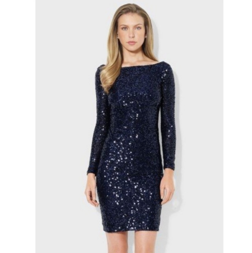 NEW Lauren Ralph Lauren Body Con Navy Sequin Dress